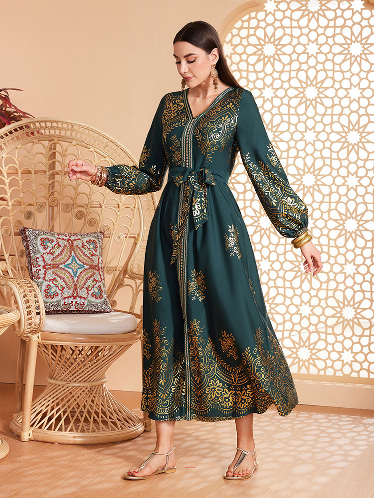 Middle East Muslim WomenS Fashion Dress Evening Lantern Sleeve Dress Spot